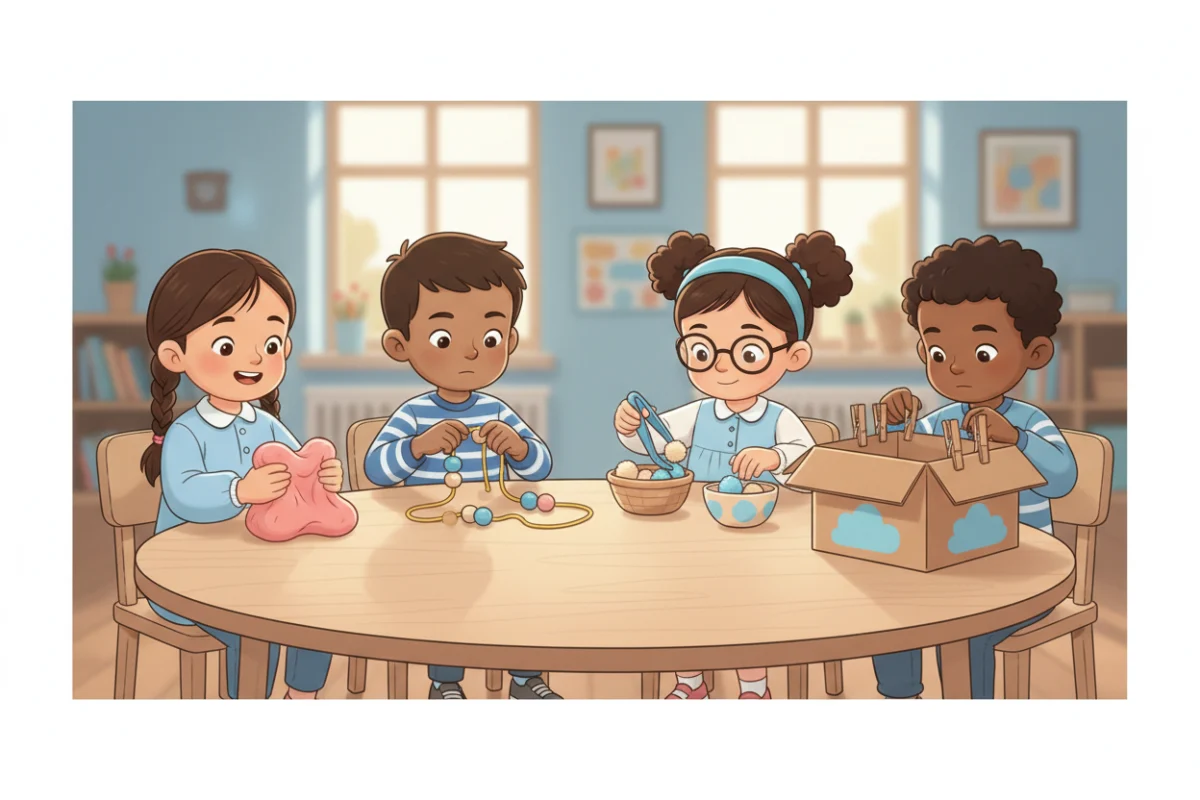 Illustration of preschoolers building hand strength with play dough, threading beads, tweezers and clothespins at a classroom table