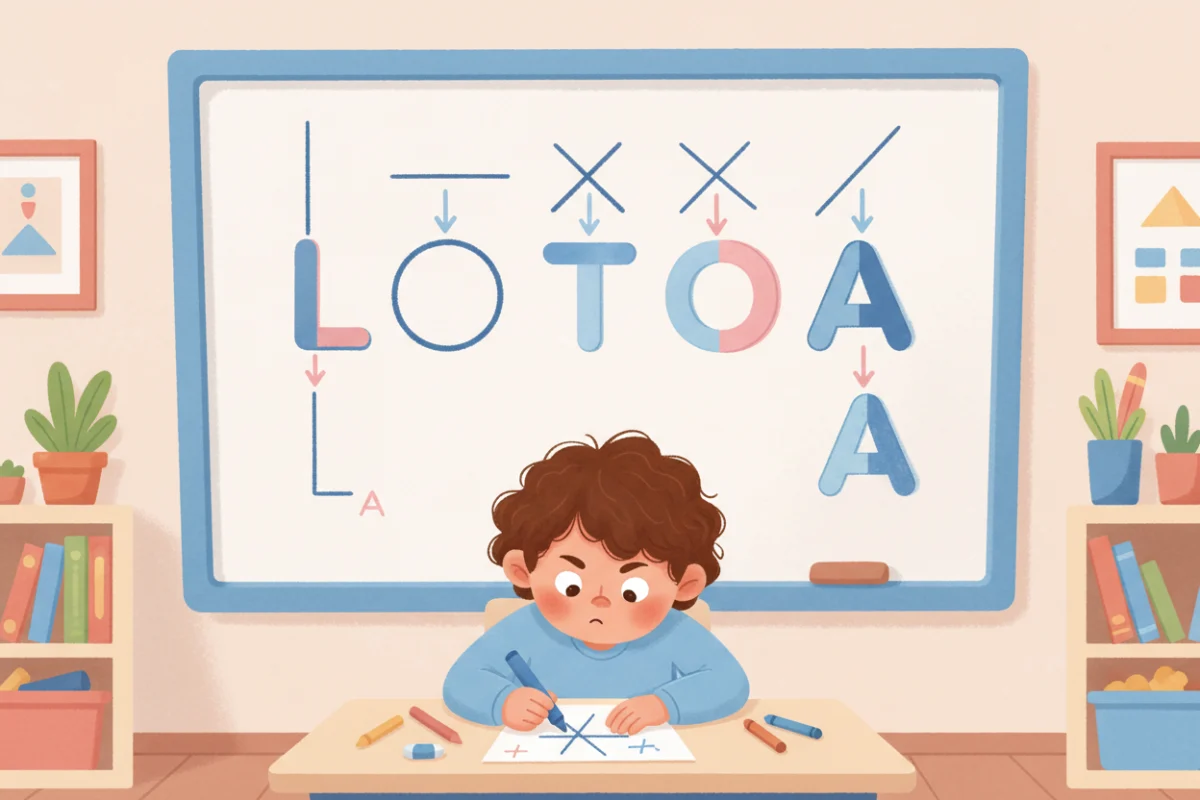 Illustration of a kindergarten whiteboard showing the pre-writing strokes in a row leading into the letters they build, a child writing a letter below