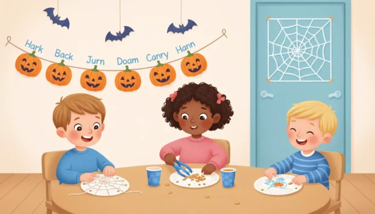 Illustration of a friendly Halloween kindergarten classroom with paper bats hanging from the ceiling, a pumpkin patch of name pumpkins on the wall and children at a spider web weaving center