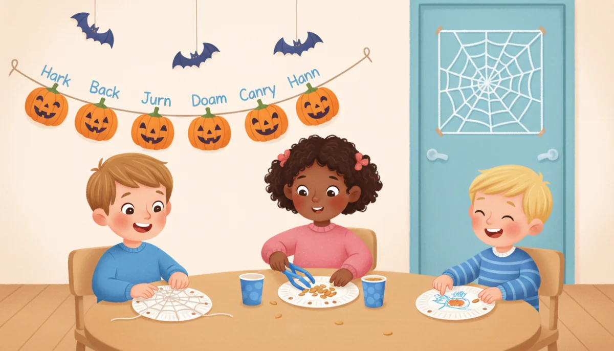 Illustration of a friendly Halloween kindergarten classroom with paper bats hanging from the ceiling, a pumpkin patch of name pumpkins on the wall and children at a spider web weaving center