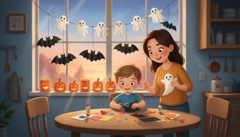 Illustration of a kitchen window decorated with a child's paper Halloween crafts: a smiling ghost garland, hanging accordion bats and tube pumpkins on the sill, with a child cutting a bat at the table