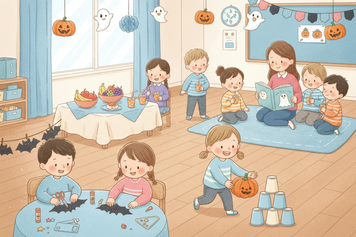 Illustration of a kindergarten Halloween party organized as four small centers: a bat craft table, pumpkin bowling with paper cups, a fruit snack table and a story corner