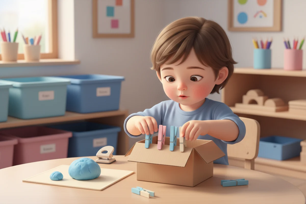 Illustration of a child squeezing clothespins onto the rim of a box and pinching play dough at a classroom center