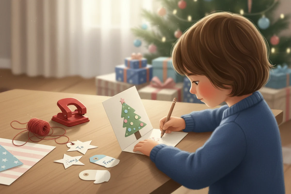 Illustration of a child writing a message inside a handmade Christmas card with a cut paper tree on the front, gift tags with To and From lines drying beside it