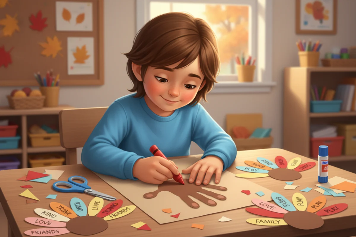Illustration of a child tracing their own hand on brown paper to make a handprint turkey, with finished turkeys with thankful words on the feathers nearby