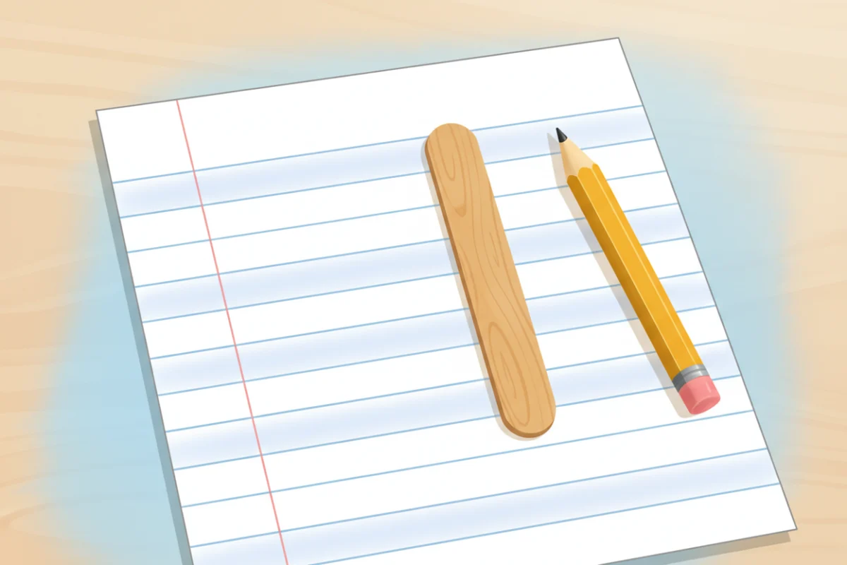 Illustration of lined paper with the lower half of each line highlighted, a craft stick spacer and a pencil