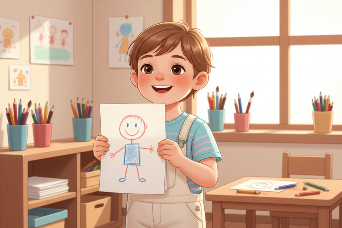 Illustration of a child proudly holding up a drawing of a simple person