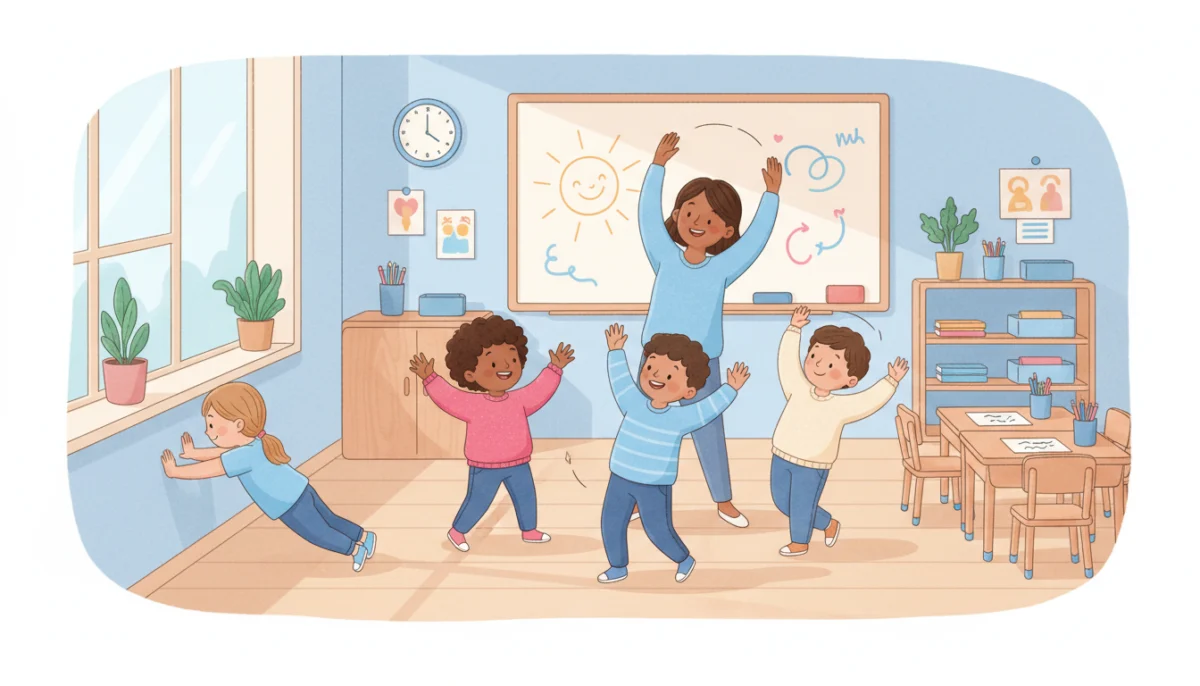 Illustration of a class of kindergarten children doing wall push-ups and finger exercises before writing time