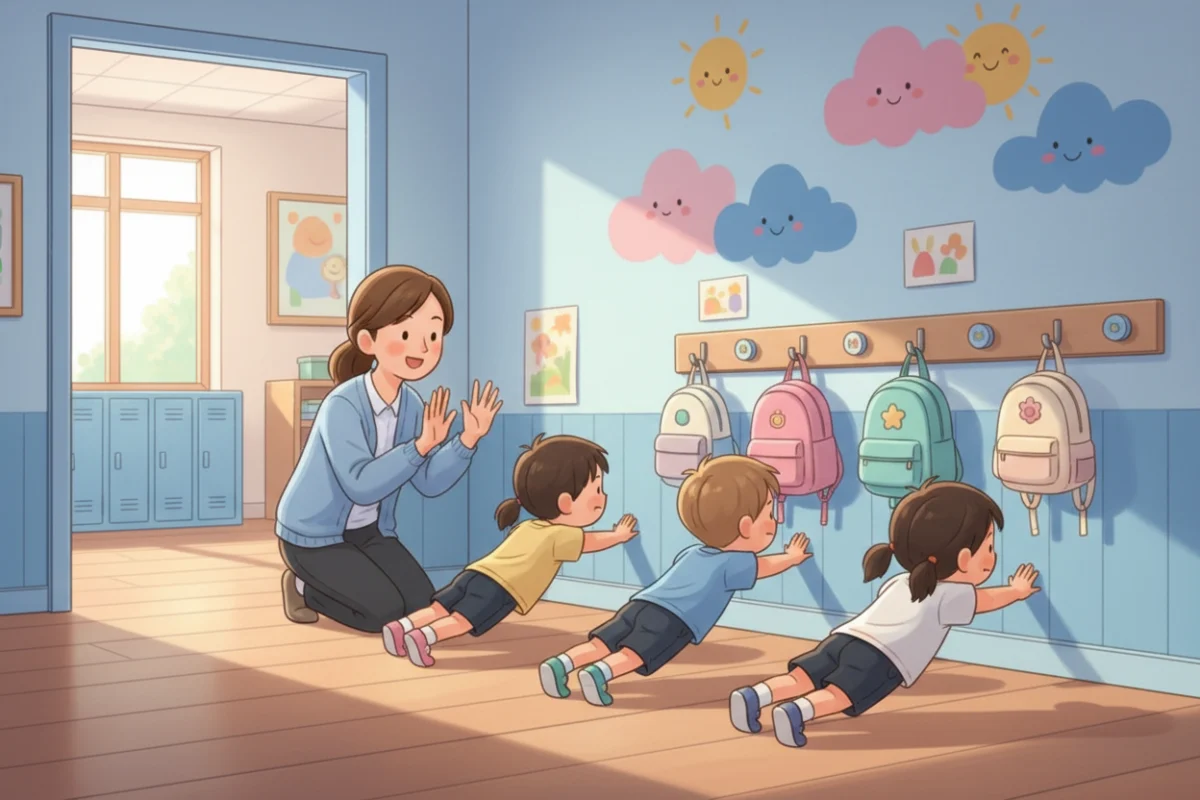 Illustration of kindergarten children doing wall push-ups in a classroom hallway before writing time