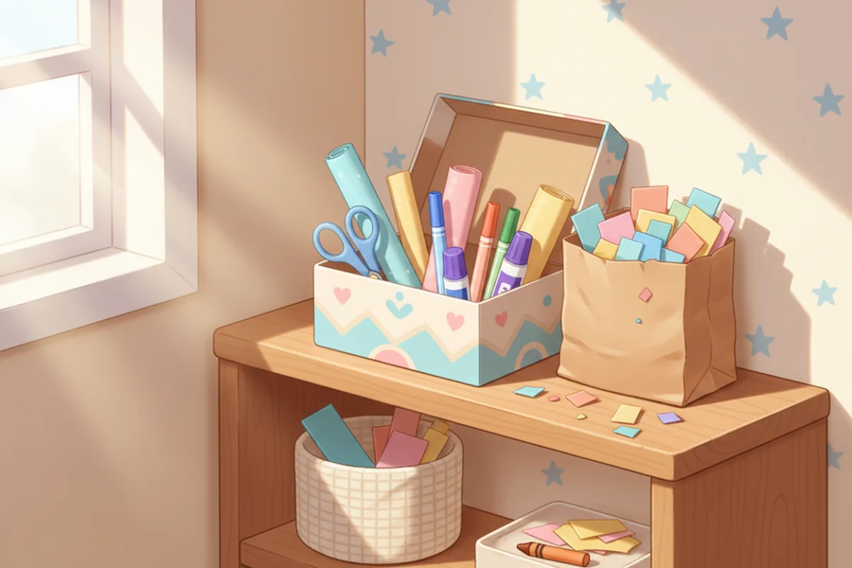 Illustration of an open shoebox with paper, child scissors, a glue stick and markers on a low shelf, with a scrap bag beside it