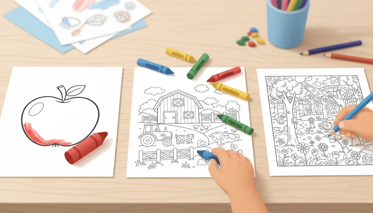 Illustration of three coloring pages side by side, from a big simple apple to a medium farm scene to a detailed page, with crayons of different sizes