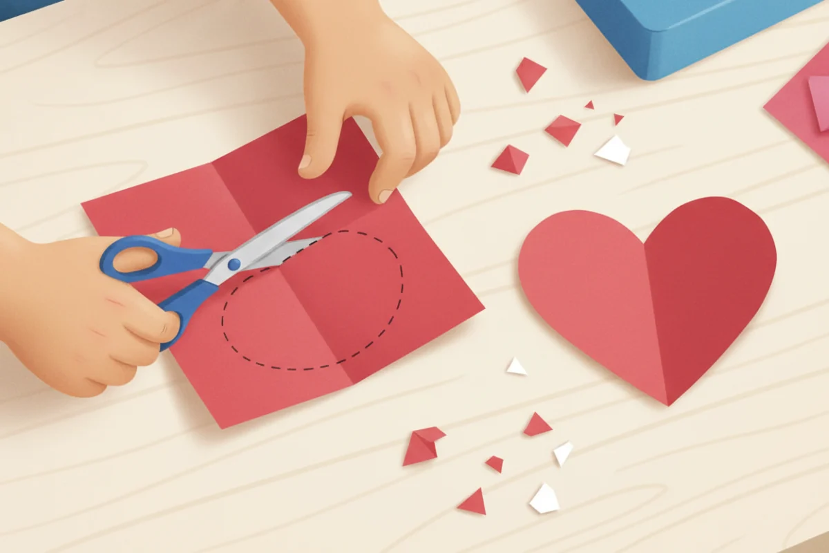 Illustration of a child's hands cutting half a heart along a line on folded red paper, with an opened symmetrical heart beside it