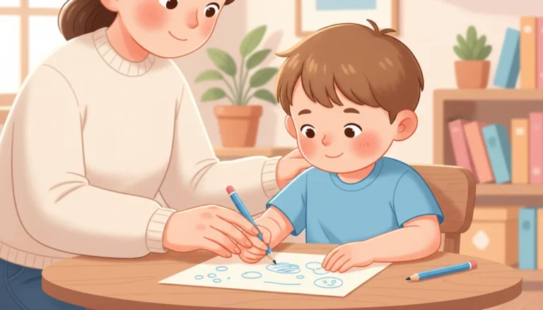 Illustration of a parent gently helping a child who is drawing with a short pencil