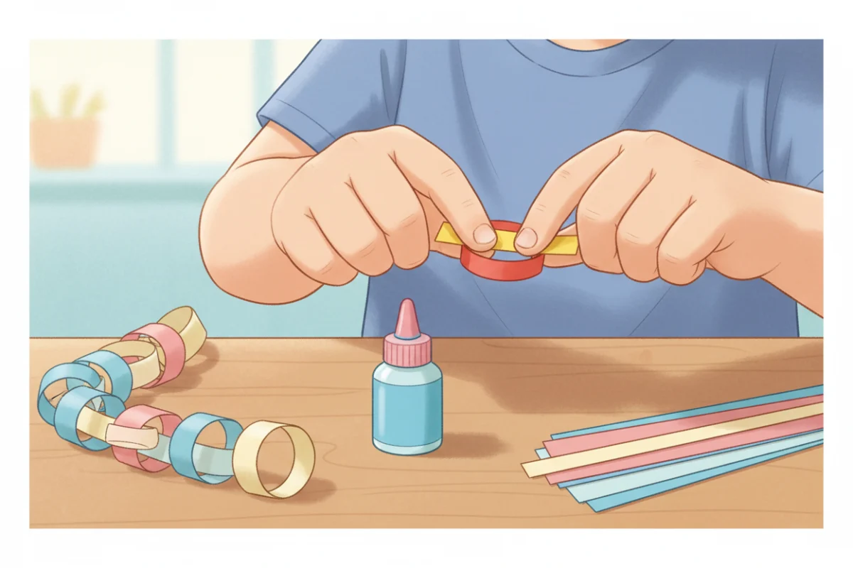Illustration of a close-up of a child's hands pressing a glued paper loop closed while threading the next strip through it