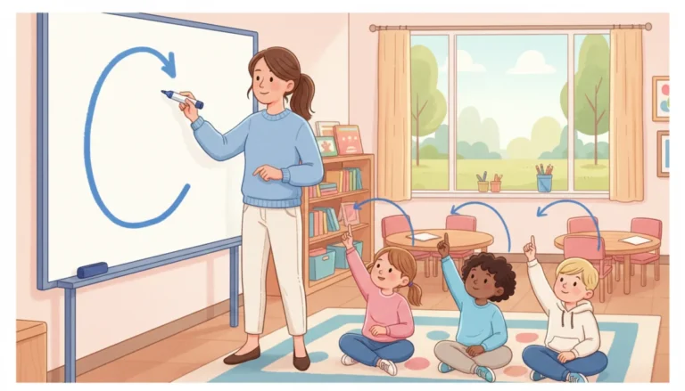 Illustration of a teacher modeling a large stroke on a whiteboard while children write in the air