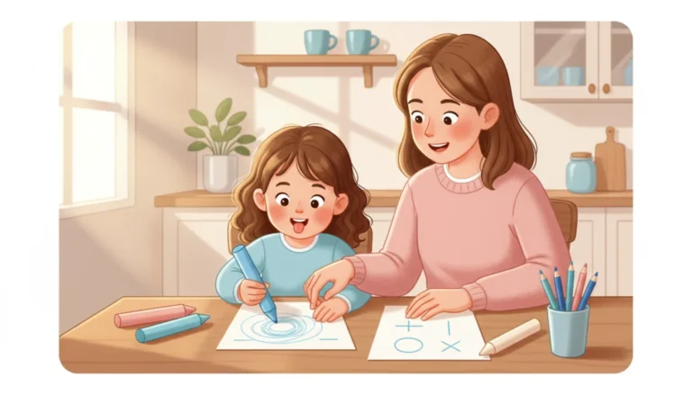 Illustration of a parent and a preschool child drawing together at a kitchen table