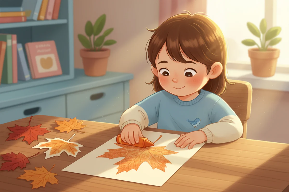 Illustration of a child rubbing the side of a crayon over paper with a real leaf underneath, a cut-out leaf rubbing beside it