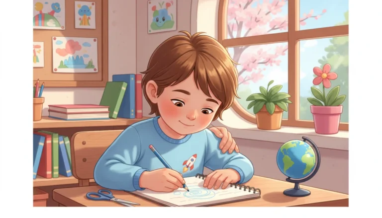 Illustration of a left-handed child writing at a desk with the pencil in the left hand