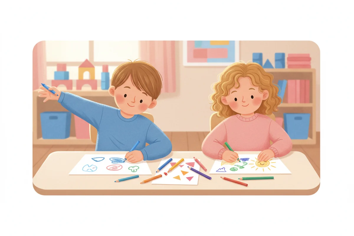 Illustration of two children drawing with their left hands at a shared classroom table