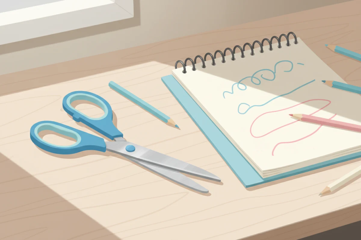 Illustration of left-handed scissors, a top-bound notebook and pencils on a desk