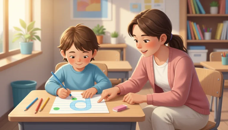 Illustration of a six-year-old at a desk writing a large lowercase d with a teacher guiding the starting point with a finger