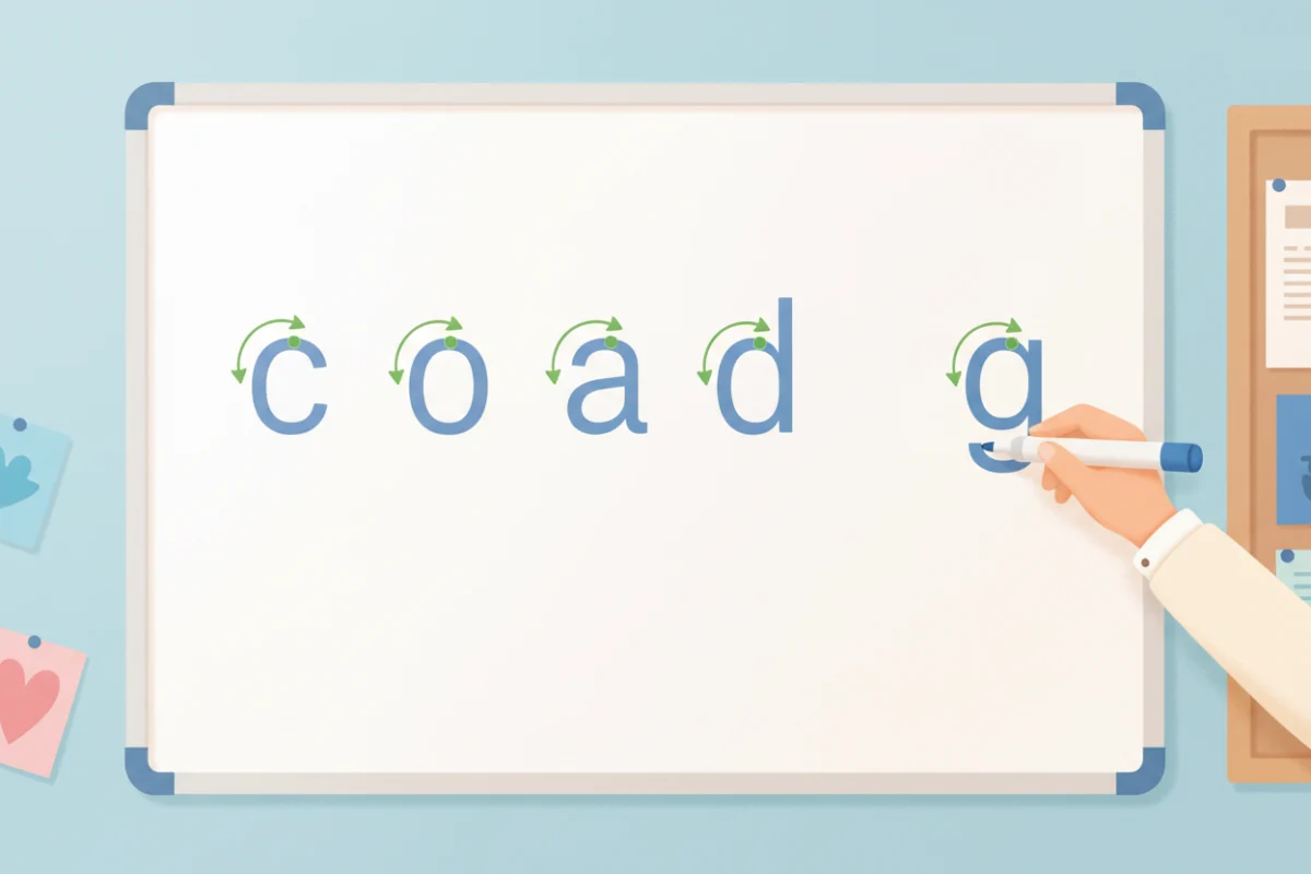 Illustration of a whiteboard showing the lowercase c-family letters c, o, a, d, g grouped together with arrows showing the shared starting stroke
