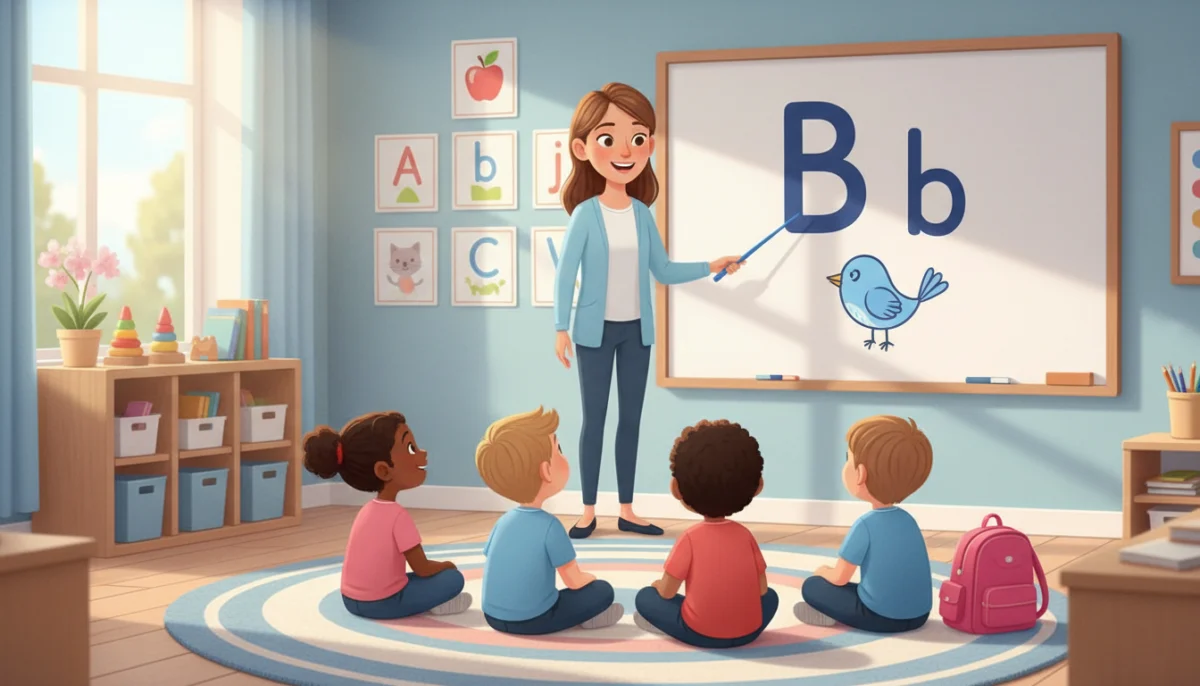 Illustration of a kindergarten teacher at a whiteboard showing a large capital B next to a lowercase b to a small group of children