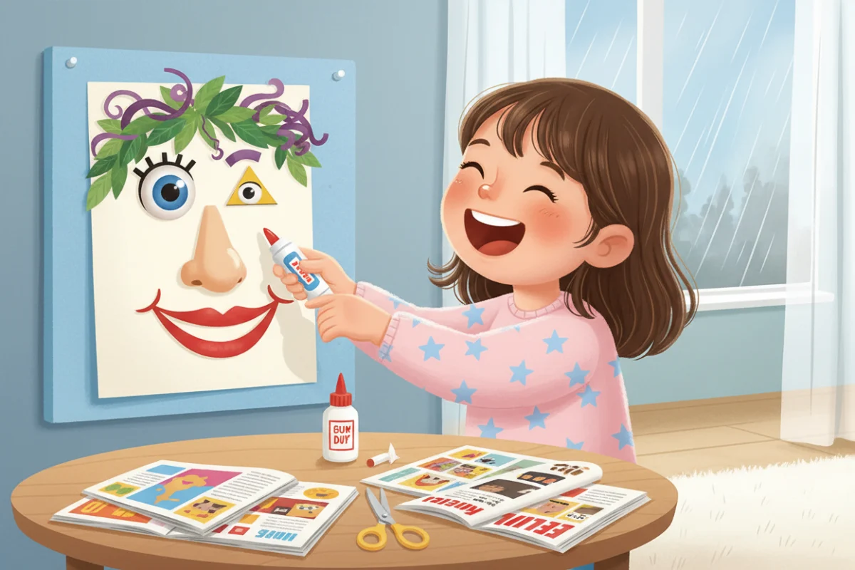 Illustration of a child laughing at a silly face collage made from eyes, noses and mouths cut from different magazine pages