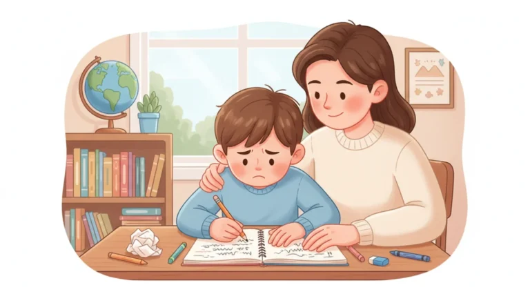 Illustration of a first grader doing homework at a desk with a parent helping kindly