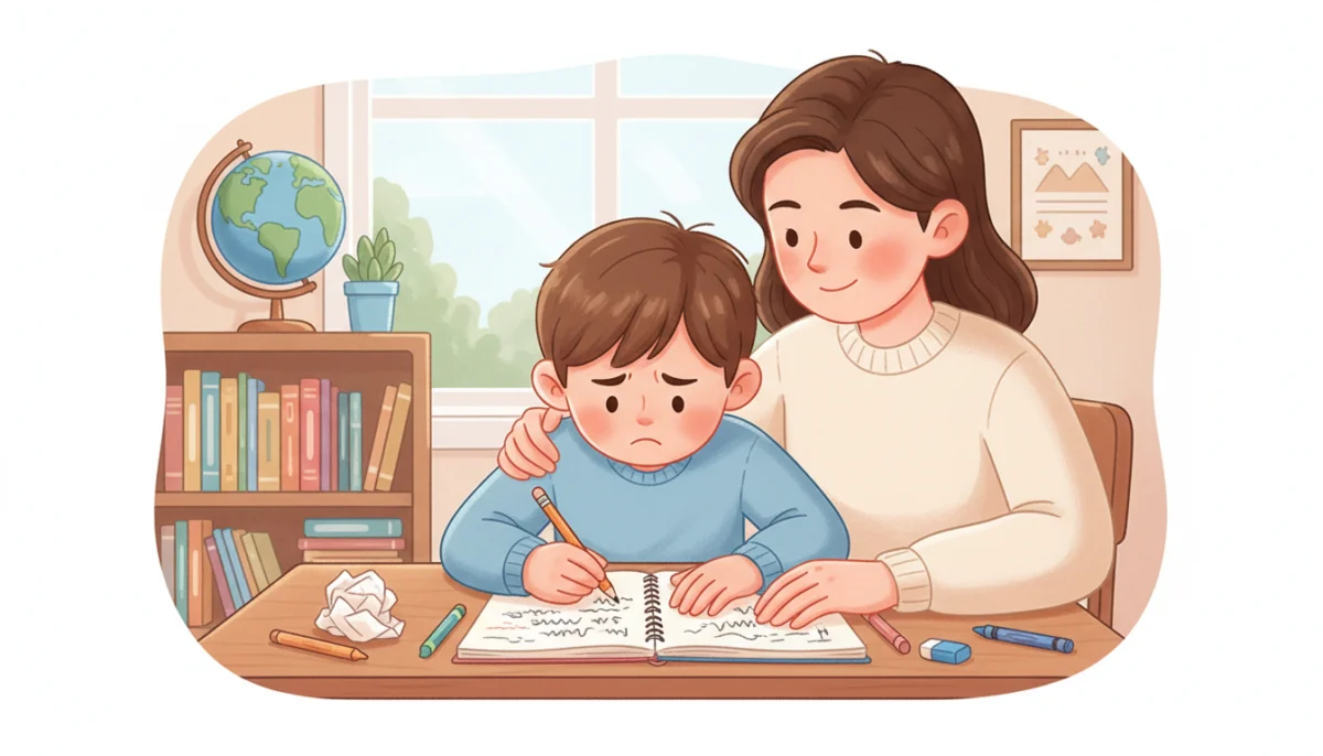 Illustration of a first grader doing homework at a desk with a parent helping kindly