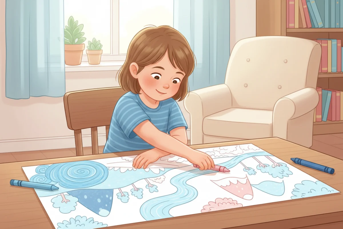 Illustration of a child coloring a wide picture, switching the crayon to the other hand at the middle of the page