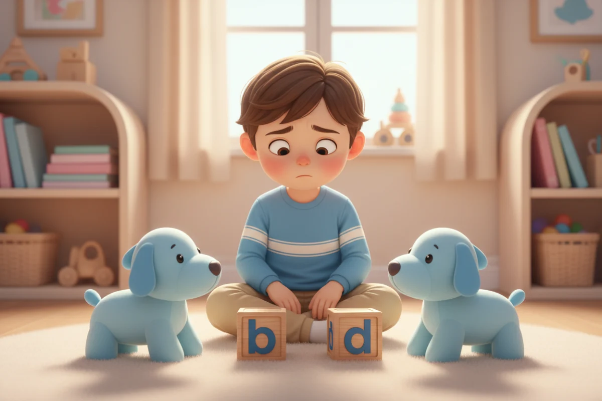 Illustration of a child looking puzzled at a toy dog facing left and the same dog facing right, with letters b and d shown above