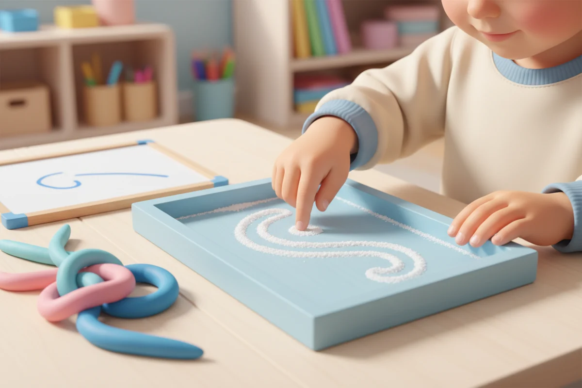 Illustration of a child drawing a curve in a salt tray with one finger next to playdough snakes