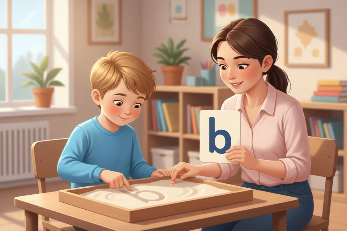 Illustration of a child writing a large lowercase b in a tray of sand with a finger while saying the verbal cue