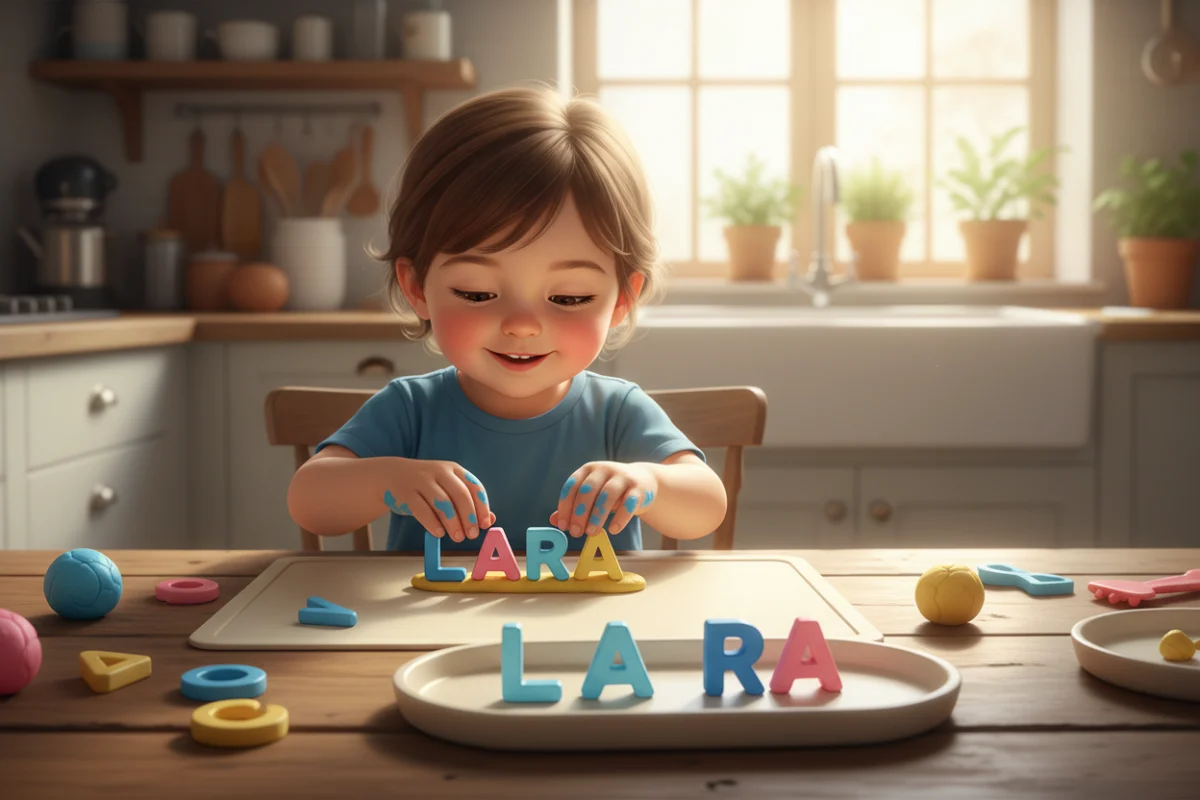 Illustration of a preschooler forming the letters of their name from play dough next to magnetic letters on a tray