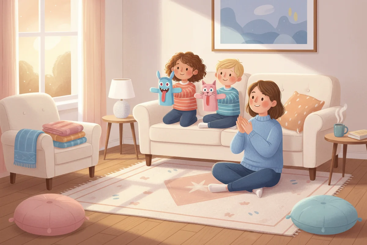 Illustration of two children performing a puppet show with paper bag puppets from behind a sofa while a parent watches