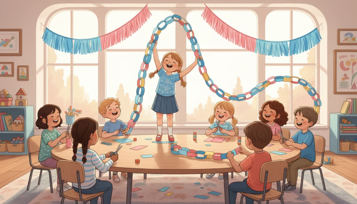 Illustration of kindergarten children making a long colorful paper chain that stretches across the classroom toward the door