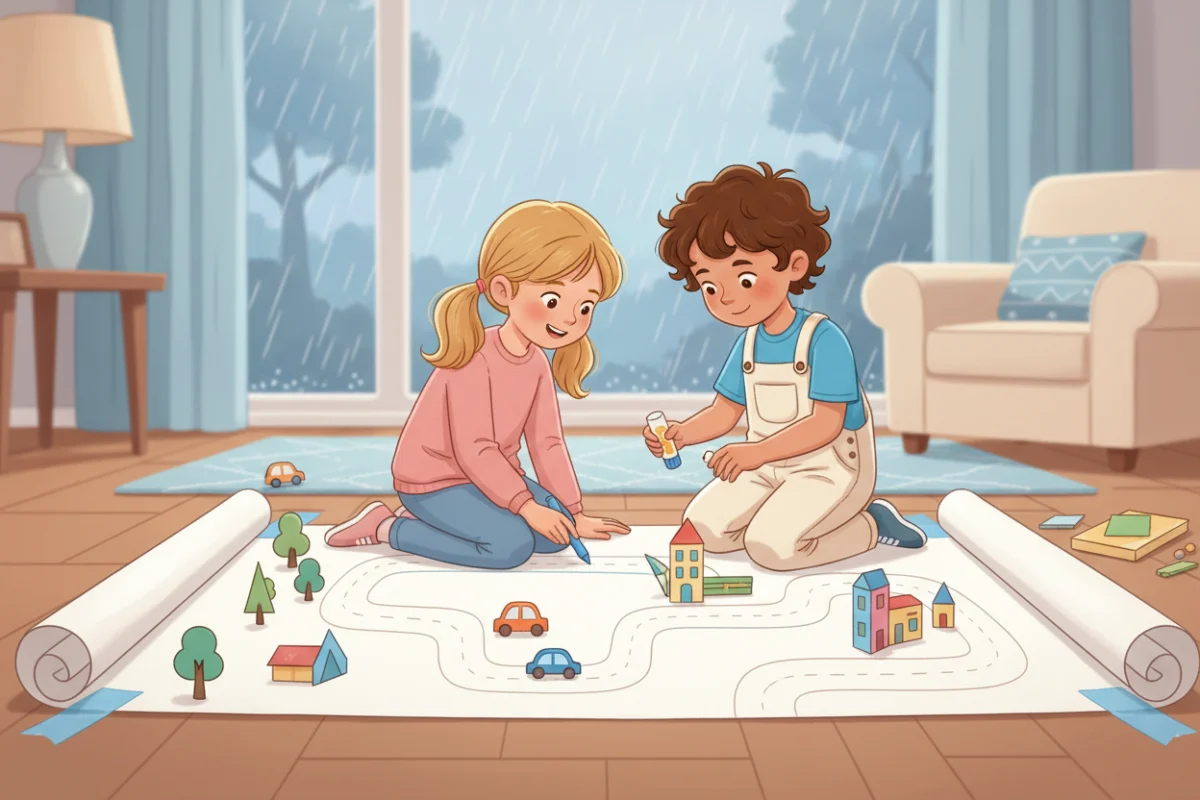 Illustration of children building a paper city on a long roll of paper taped to the floor, with drawn roads and cut-out paper buildings, trees and cars