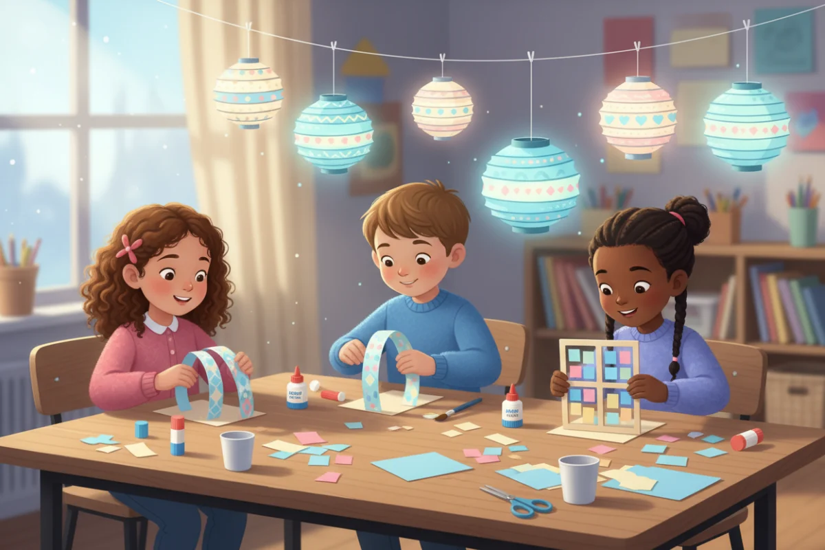 Illustration of children making paper lanterns with cut slits and tissue paper stained glass frames at a classroom table, with finished lanterns hanging above