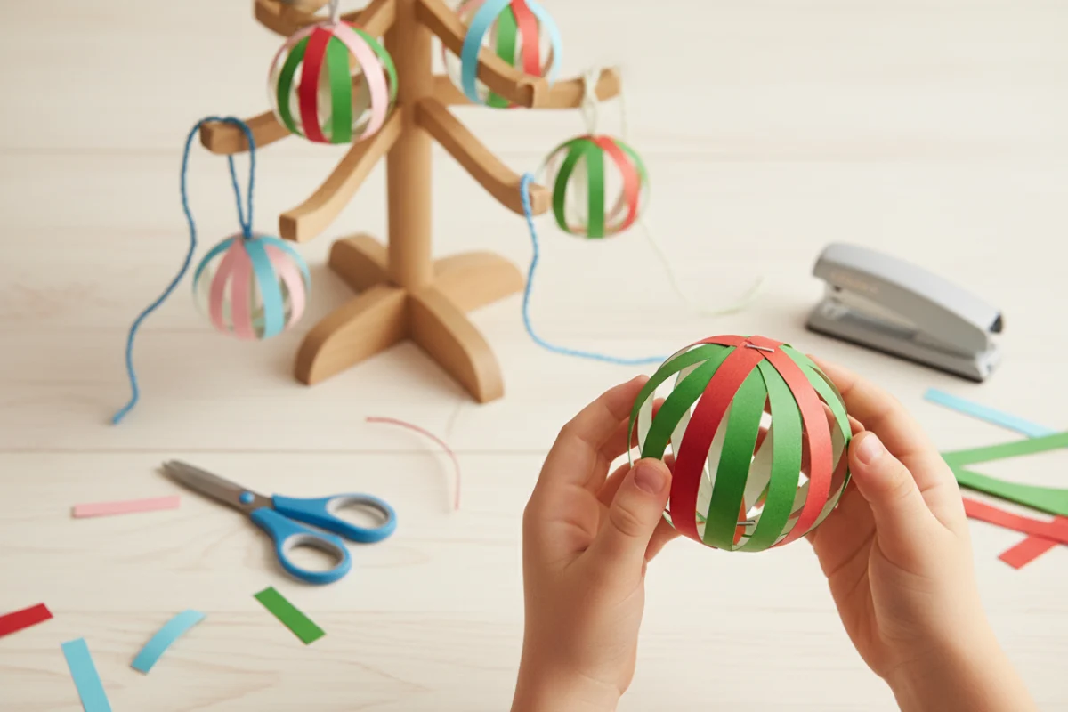 Illustration of a child's hands fanning glued paper strips into a round ornament, with finished red and green strip ornaments hanging on a small tree