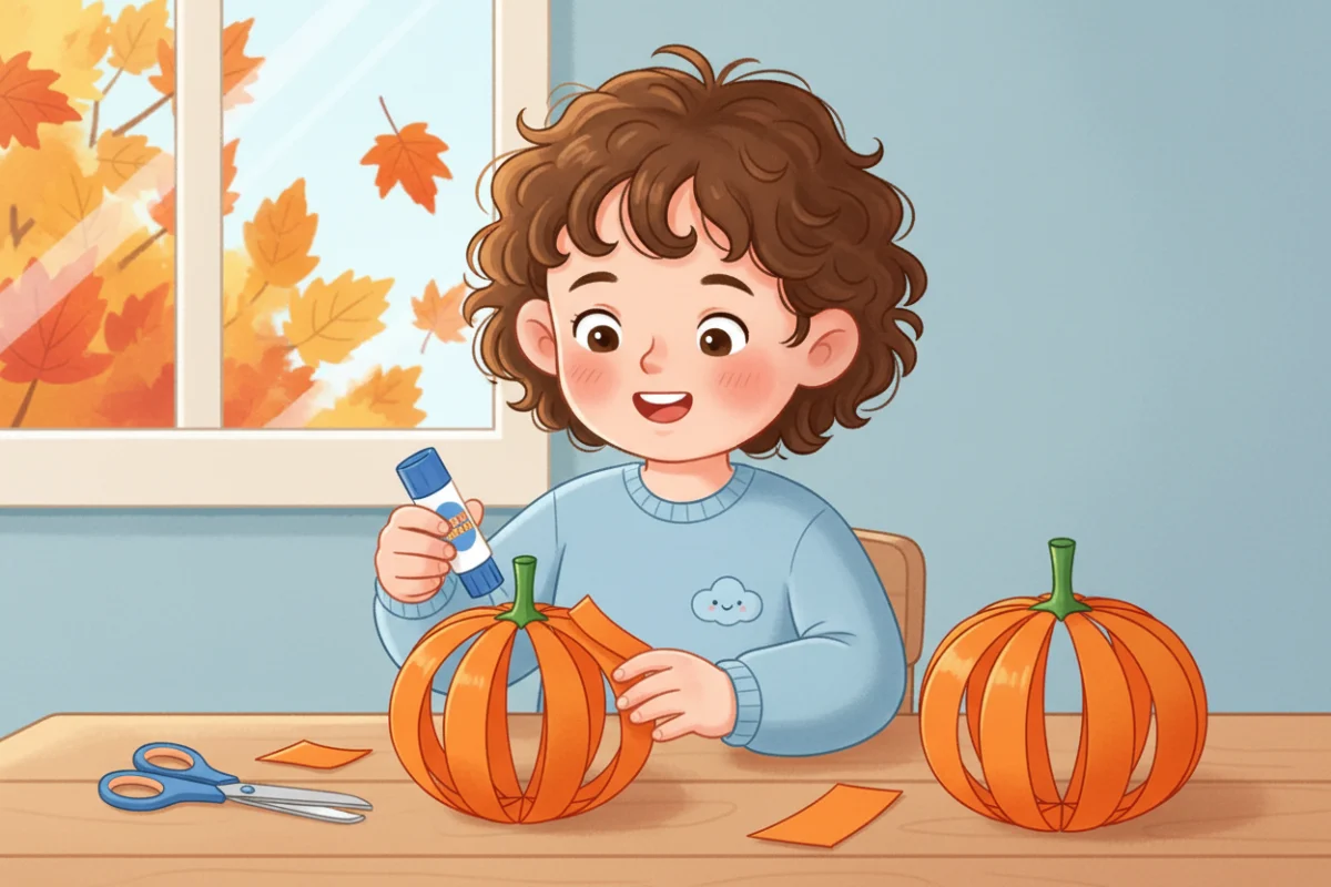 Illustration of a child gluing orange paper strips together at the top and bottom to make a round standing pumpkin with a green stem