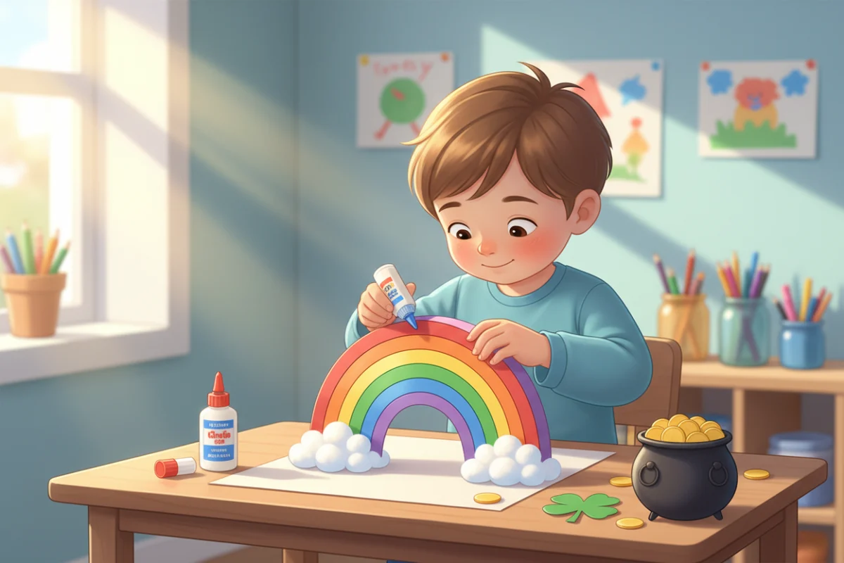 Illustration of a preschooler gluing colored paper strips in rainbow order into an arc with cotton ball clouds at each end