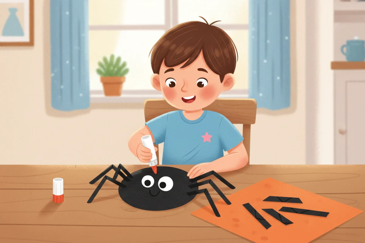 Illustration of a child gluing folded black paper strip legs onto a black circle to make a spider with big paper eyes, counting the legs