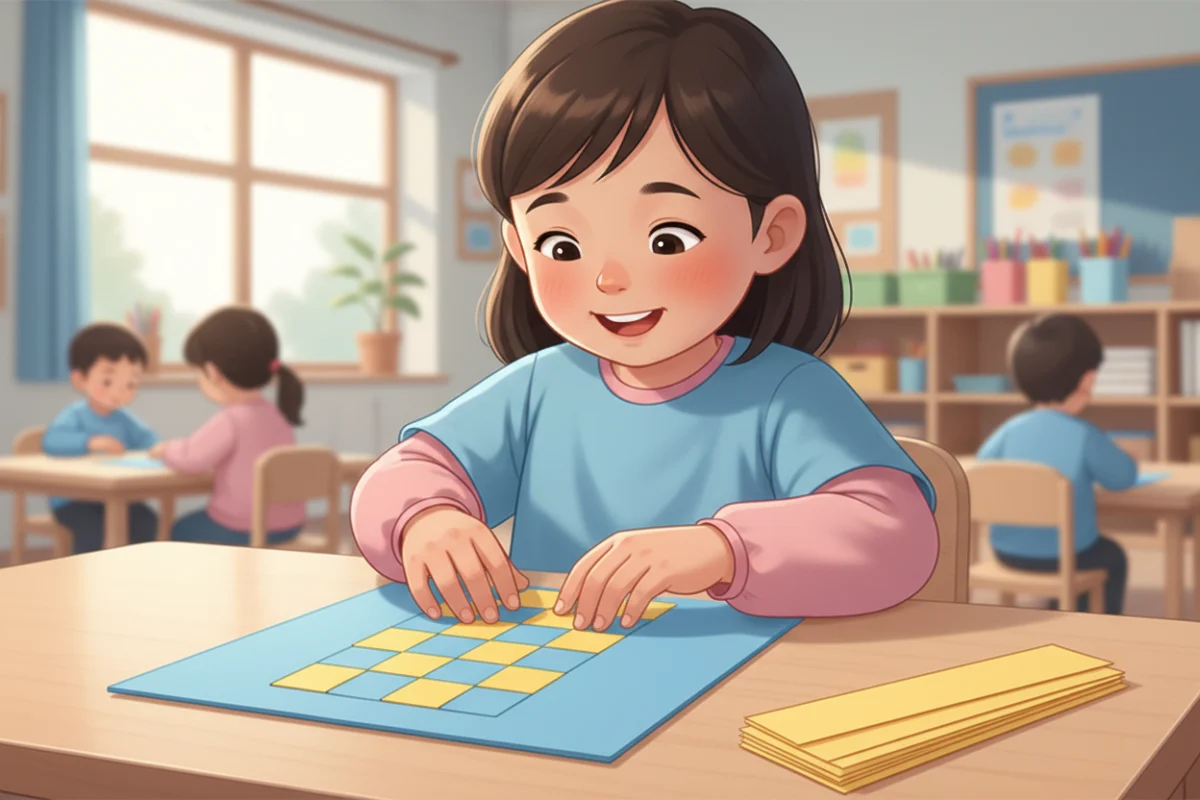 Illustration of a kindergartener weaving colored paper strips over and under through slits cut in a folded sheet