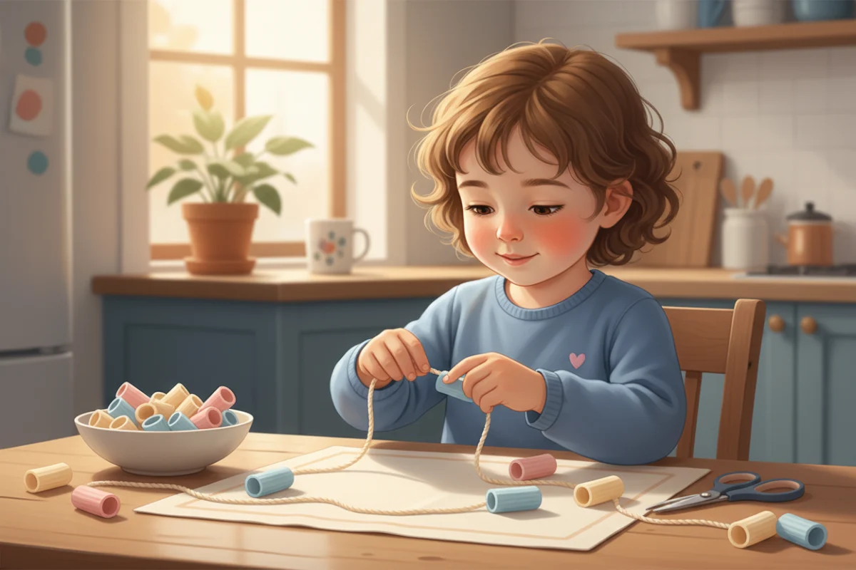 Illustration of a child threading pasta tubes onto a piece of yarn at the kitchen table