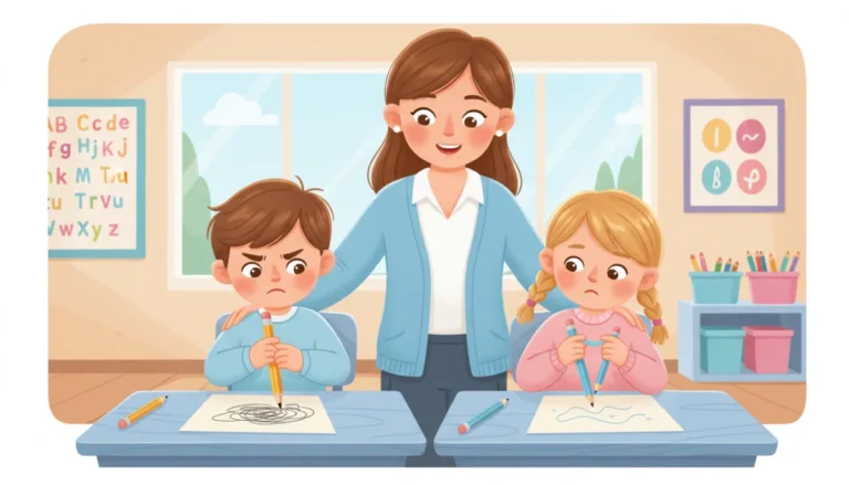 Illustration of two children writing side by side, one pressing hard with a snapped pencil tip and one writing faintly, with a teacher looking on