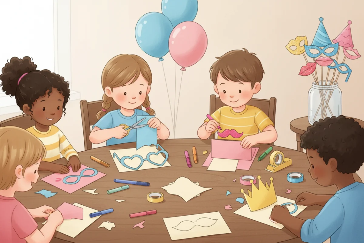Illustration of a party table where children make their own photo booth props from pre-drawn card shapes, markers and craft sticks
