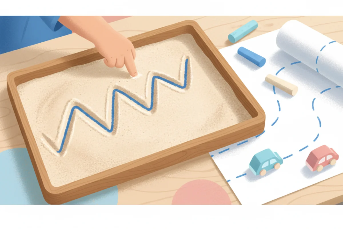 Illustration of a sand tray with a zigzag line drawn by a finger, next to sidewalk chalk and toy cars on a paper road