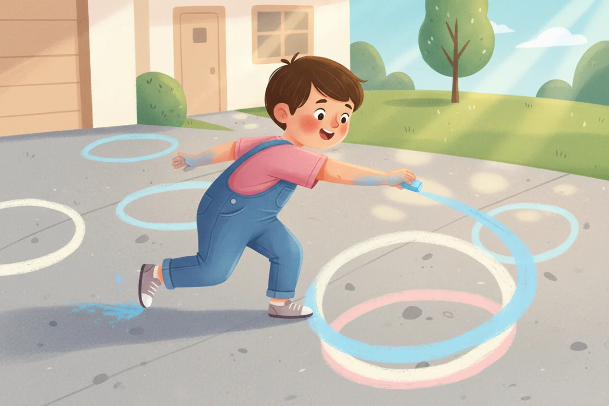 Illustration of a child drawing big circles with sidewalk chalk on a driveway