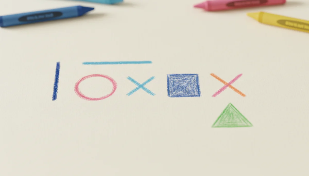Illustration of pre-writing strokes: vertical line, horizontal line, circle, cross, square, diagonal lines, X and triangle drawn in crayon